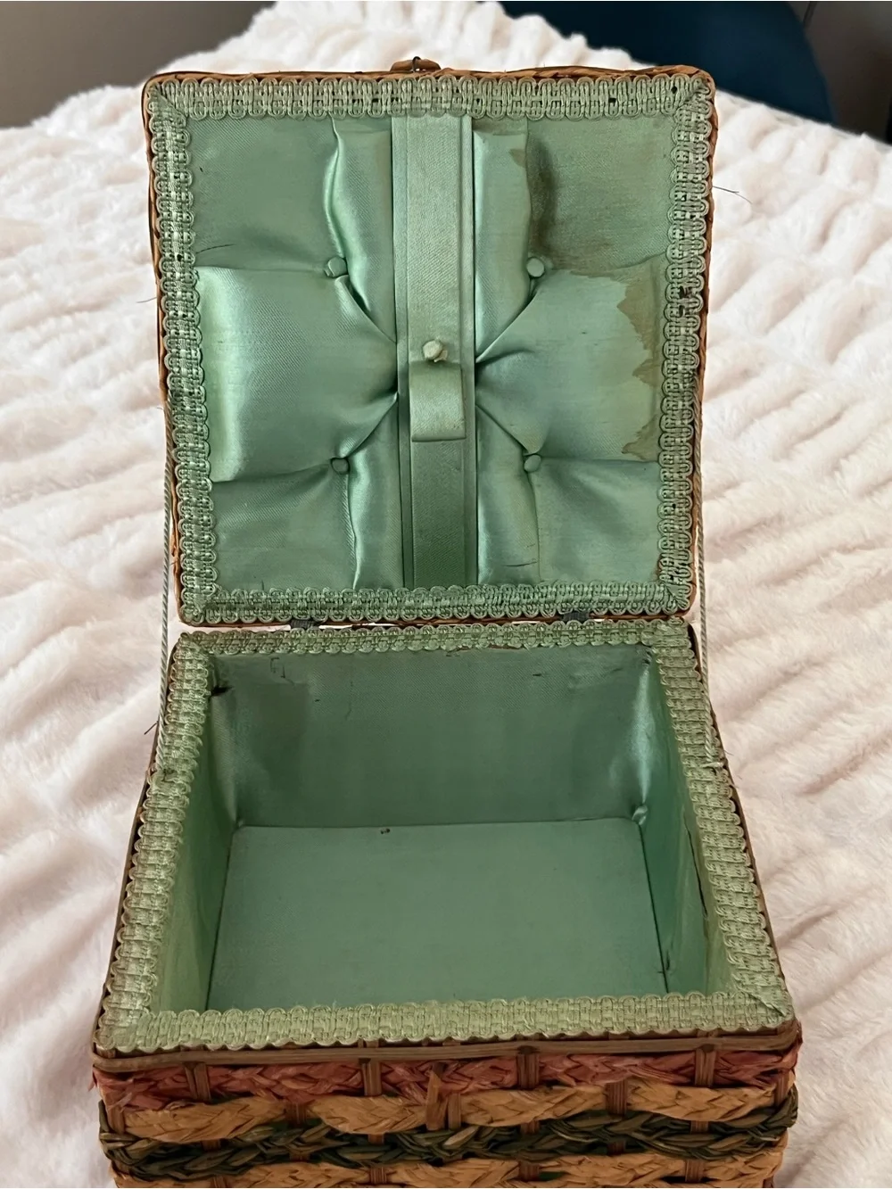 Vintage 1960s Braided Basketweave Sewing Chest Green Trim Satin Interior